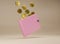 3d rendering Wallet and gold coins on beige background. Falling coins and pink purse. Cashless society concept. Growth, income,