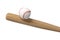 3d rendering of a white baseball with red stitching balancing on a wooden bat in close view.