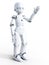 3D rendering of a white cartoon robot waving hello.