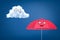 3d rendering of white cartoon smiley cloud and happy pink cartoon smiley umbrella on blue background