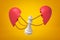 3d rendering of white chess queen chained between two broken red heart pieces on yellow background