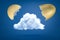 3d rendering of white fluffy cloud with two golden half eggshells on both sides on blue background.