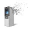 3d rendering of white and gray ATM starting to dissolve into pieces from its back side on white background.