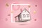 3d rendering of white private house with random things on pink background