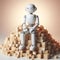 3d rendering of a white robot sitting on a pile of wooden cubes