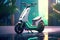 3d rendering of a white scooter with green neon lights in the city, Generic electric scooter, futuristic mobility solution for
