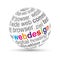 3D rendering of a white sphere with black writings on it, and a colorful writing web design``
