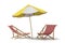 3d rendering of a white and yellow beach umbrella standing above two deck chairs.