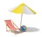 3d rendering of a white and yellow beach umbrella and wooden deck chair.