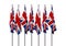 3d rendering. windy flowing United Kingdom National flag poles row with clipping path isolated on white background.