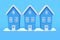 3d rendering winter three identical house snow on the roof, snowdrifts on a blue background
