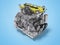 3D rendering yellow diesel engine for car perspective on blue background with shadow