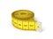 3d rendering of a yellow flexible sewing tape measure in a complete unwound state on a white background.