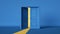 3d rendering, yellow light going through the opening double door isolated on blue background. Architectural design element. Modern