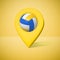 3d rendering of a yellow location icon with a striped volleyball ball stuck inside of it.