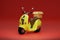 3D Rendering yellow motor scooter with box in red background for delivery order