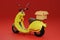 3D Rendering yellow motor scooter with box in red background for delivery order