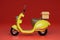 3D Rendering yellow motor scooter with box in red background for delivery order