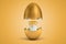 3d rendering of yellow paint bucket hatching out of golden egg on yellow background