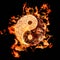 3D Rendering of A Yin Yang Symbol with Electronic Circuit Texture Burns in Flame