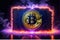 3d representation of bitcoin, merged in neon lights , crypto trading concept