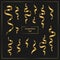 3d ribbon serpentine set gold on dark background. Collection of Festive vector streamer confetti. Christmas greeting