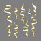 3d ribbon serpentine set gold on grey background. Collection of Festive vector streamer confetti. Christmas greeting