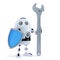 3D Robot with adjustable wrench and shield. Technology concept. . Contains clipping path