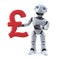 3d Robot holding a UK Pounds Sterling currency symbol