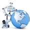3D robot standing with globe. Technology concept. Isolated. Contains clipping path