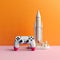 3D rocket model shares the spotlight with a game controller against a stylish backdrop.