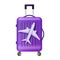 3D rolling luggage, travel baggage clipart, vector purple vacation suitcase, airport bag icon wheels.