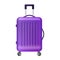 3D rolling luggage, vector travel baggage clipart, purple vacation suitcase, airport bag icon wheels.