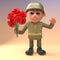 3d romantic army soldier in military uniform holding a bunch of red roses, 3d illustration