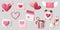 3d romantic collection icons set. Hearts, love letters and gifts.