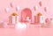 3D romantic creative composition on pink room, valentine`s day concept with hearts, gift boxes and balloons in realistic 3d