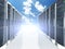 3d rows network servers datacenter on sky cloud background