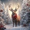 3D scene: a reindeer wearing a red Santa Claus hat in a snowy fo