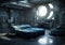 A 3D sci-fi bedroom. Very nice, clean lines characterize the interior of the living room.