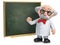 3d Scientist character teaching at a chalkboard