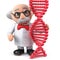 3d scientist studying a genetic dna double helix strand molecule