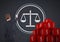 3D Section symbol icons and businessman drawing justice balance scales