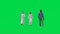 3D of several asian and arab male employees on green background screen walking and going home from front view in chroma 4k