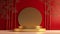 3D shiny gold round steel podium stage on red counter.