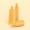 3d shower bottle icons. Simple group on pastel yellow background for soap shampoo sun cosmetics. Minimal concept.