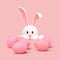 3d simple easter bunny rabbit hiding and spies on pink painted egg on pink pastel background 3d illustration. Easter holiday