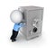 3d small person pushing an iron safe.