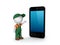 3d small person in workwear and cellphone.