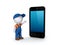 3d small person in workwear and cellphone.