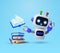 3d smart and knowledgeable AI chatbot banner template with cute robot and books. Online learning concept, student